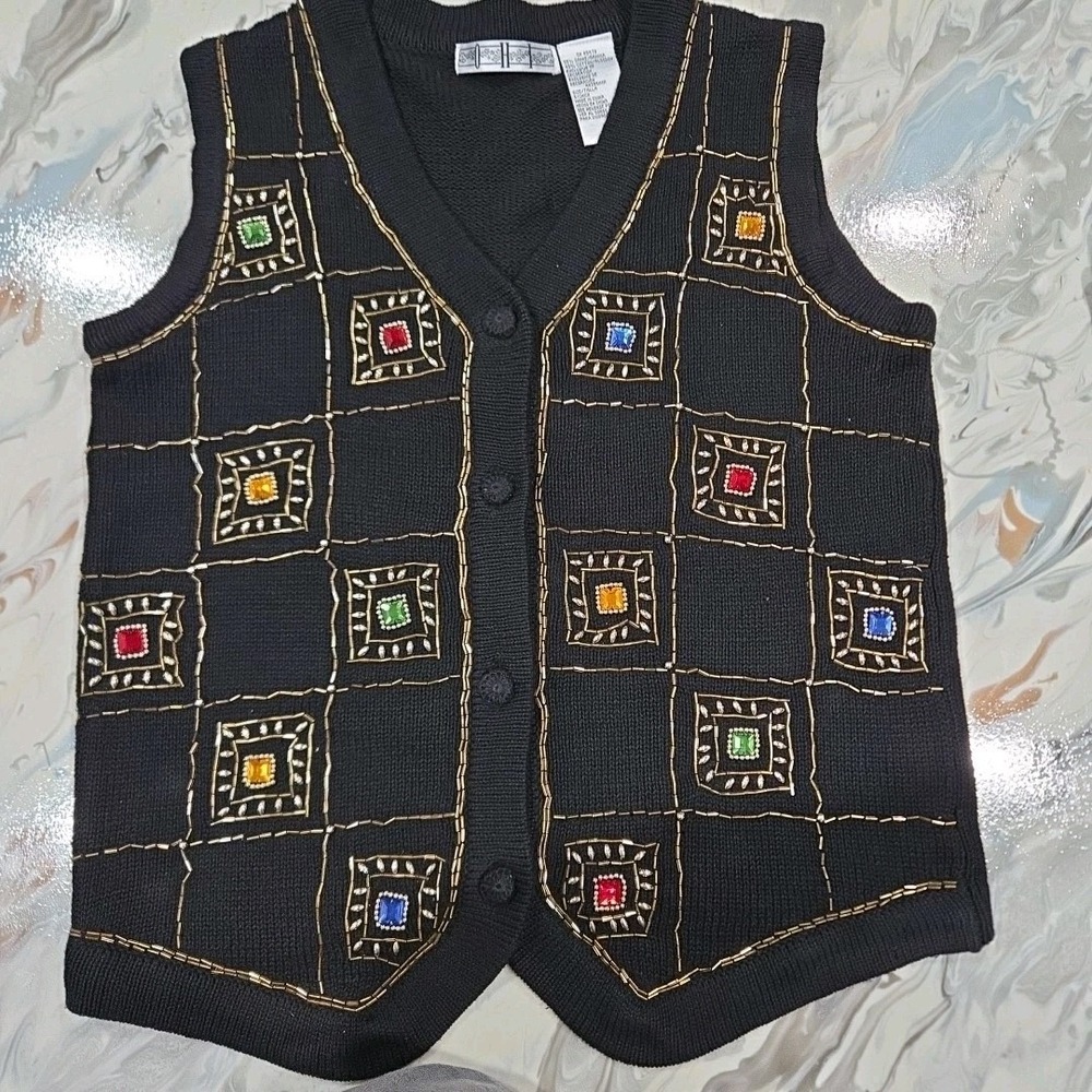 OHI Woman's Beaded Christmas Sweater Vest Black  Size S Vintage